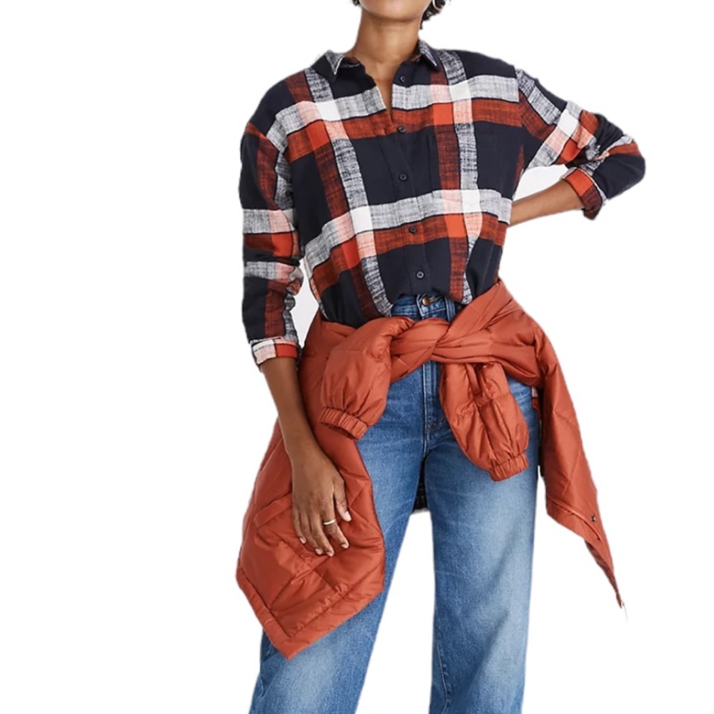 Madewell Oversized Ex-Boyfriend Shirt in Check Blue Orange Plaid Flannel XS EUC